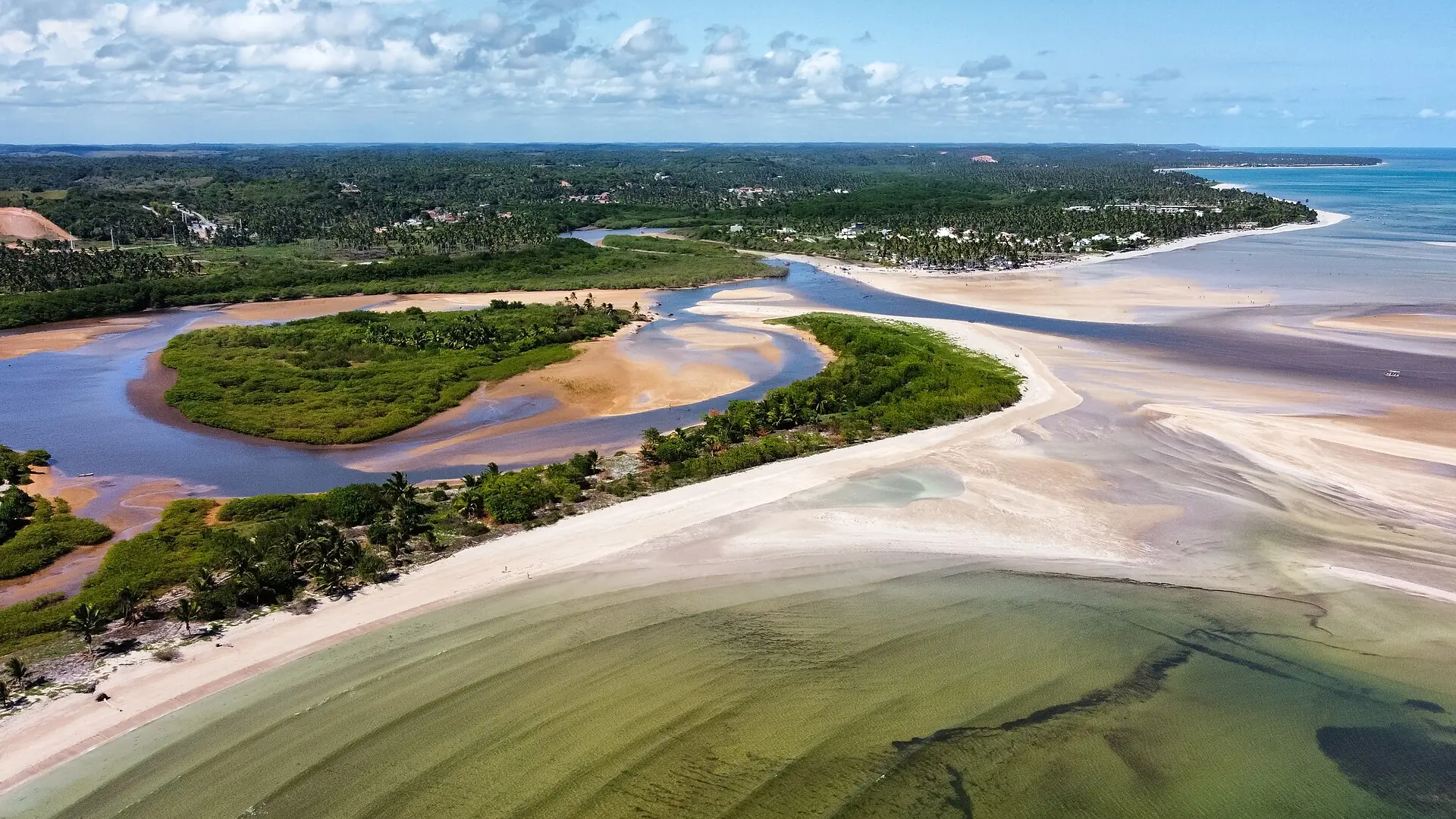 Foz de rio com ilha de mata entre bancos de areia, em São Miguel dos Milagres
